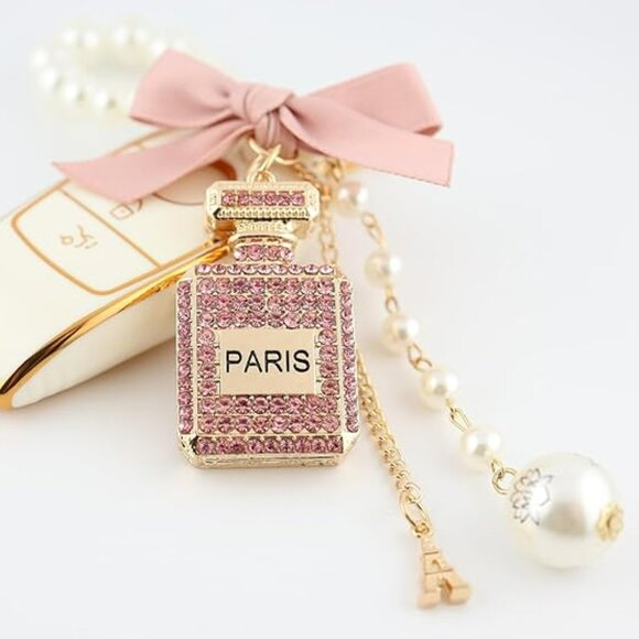 Paris Perfume Bottle Pearl Crystal Keychain Bag Charm - Picture 4 of 5
